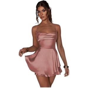 imageYoujiayi Satin Mini Homecoming Dresses for Teens Spaghetti Strap Short Prom Dress Layered Ruffles Cocktail Dress for WomenDusty Rose