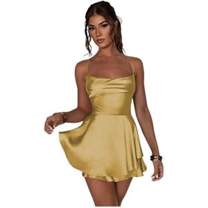 imageYoujiayi Satin Mini Homecoming Dresses for Teens Spaghetti Strap Short Prom Dress Layered Ruffles Cocktail Dress for WomenGold