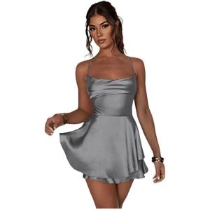 imageYoujiayi Satin Mini Homecoming Dresses for Teens Spaghetti Strap Short Prom Dress Layered Ruffles Cocktail Dress for WomenGrey