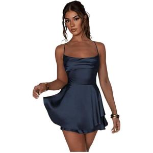imageYoujiayi Satin Mini Homecoming Dresses for Teens Spaghetti Strap Short Prom Dress Layered Ruffles Cocktail Dress for WomenNavy