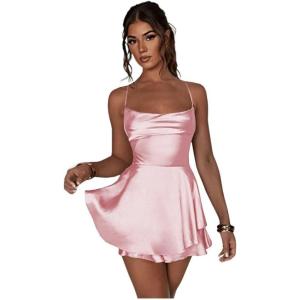imageYoujiayi Satin Mini Homecoming Dresses for Teens Spaghetti Strap Short Prom Dress Layered Ruffles Cocktail Dress for WomenPink