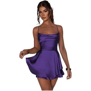 imageYoujiayi Satin Mini Homecoming Dresses for Teens Spaghetti Strap Short Prom Dress Layered Ruffles Cocktail Dress for WomenPurple