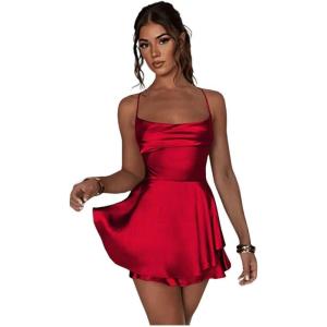 imageYoujiayi Satin Mini Homecoming Dresses for Teens Spaghetti Strap Short Prom Dress Layered Ruffles Cocktail Dress for WomenRed