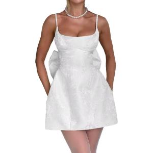 imageYoujiayi White Homecoming Dresses for Teens 2024 Satin Jacquard Homecoming Dresses with Bow Spaghetti Straps Short Prom Dress A Line Damas Dress Size 0