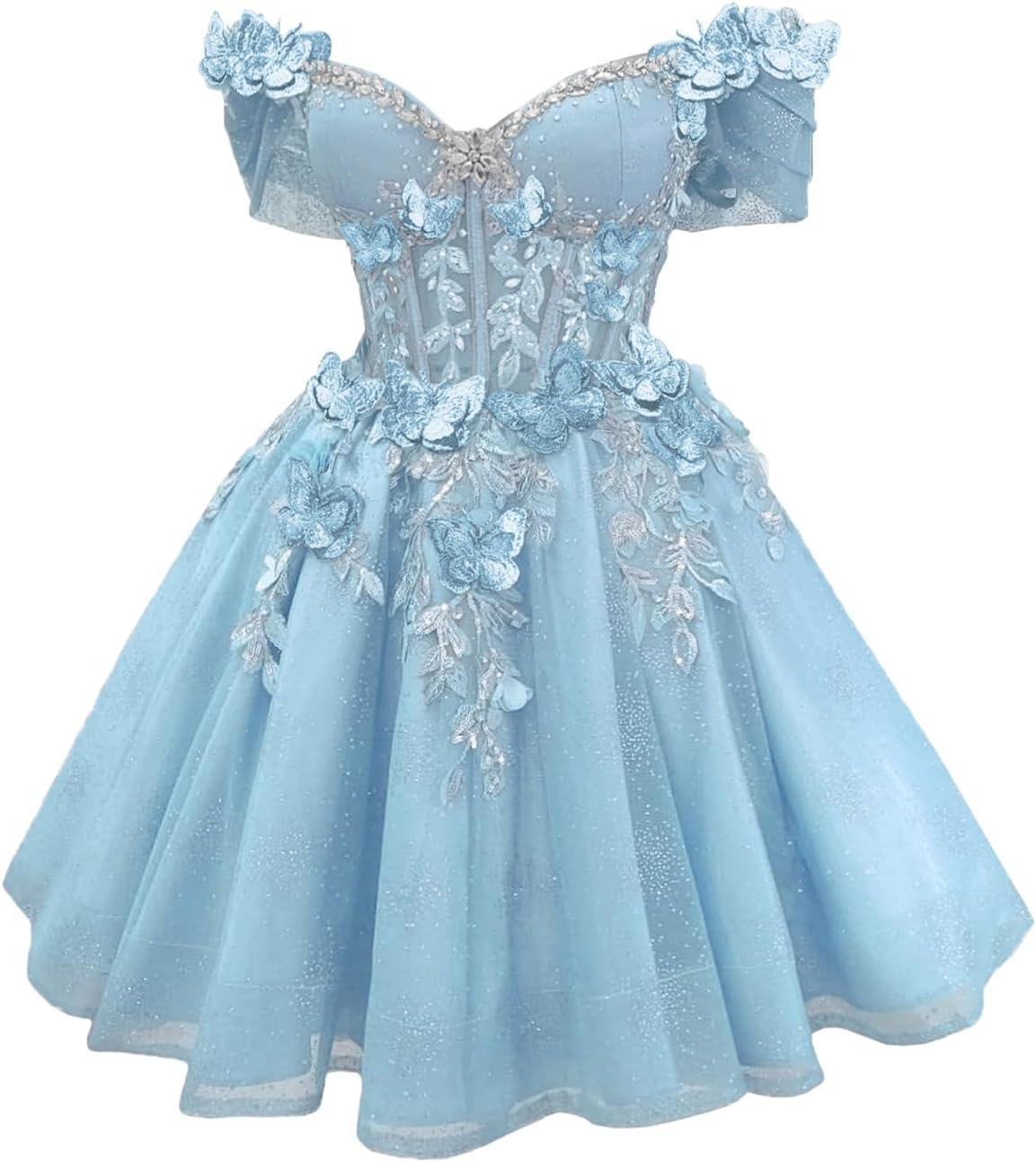 imageYoujiayi 3D Butterfly Short Homecoming Dresses Lace Sequin DAMA Dress for Quinceanera Off Shoulder Short Prom Gown for TeensLavender