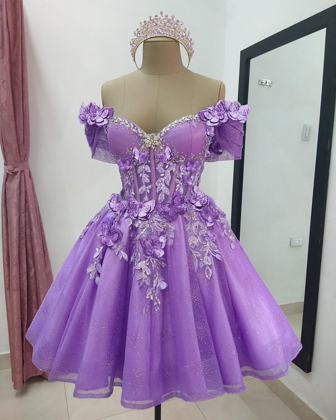 imageYoujiayi 3D Butterfly Short Homecoming Dresses Lace Sequin DAMA Dress for Quinceanera Off Shoulder Short Prom Gown for TeensMint