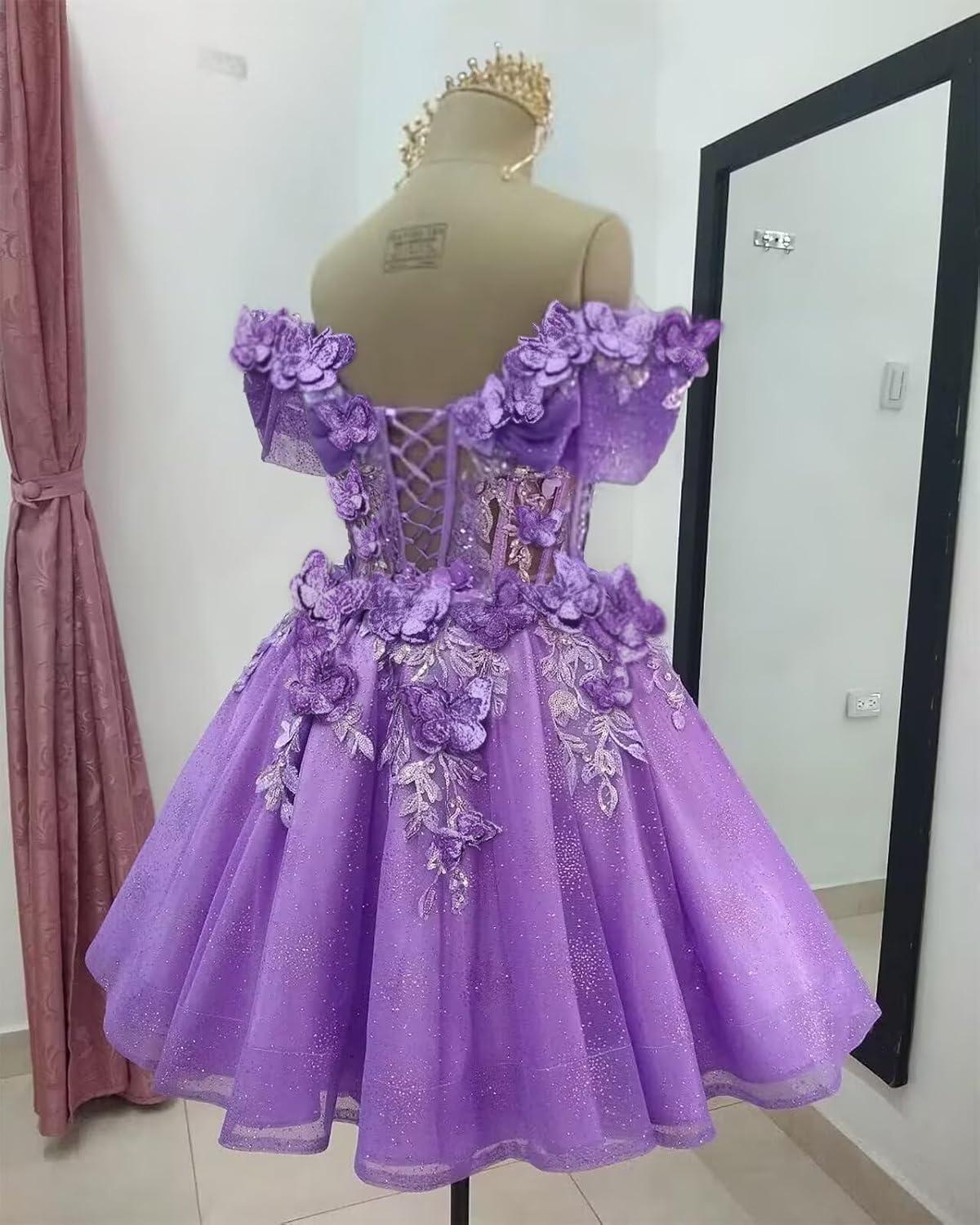 imageYoujiayi 3D Butterfly Short Homecoming Dresses Lace Sequin DAMA Dress for Quinceanera Off Shoulder Short Prom Gown for TeensMint