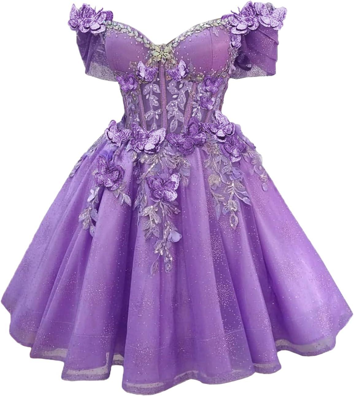 imageYoujiayi 3D Butterfly Short Homecoming Dresses Lace Sequin DAMA Dress for Quinceanera Off Shoulder Short Prom Gown for TeensMint