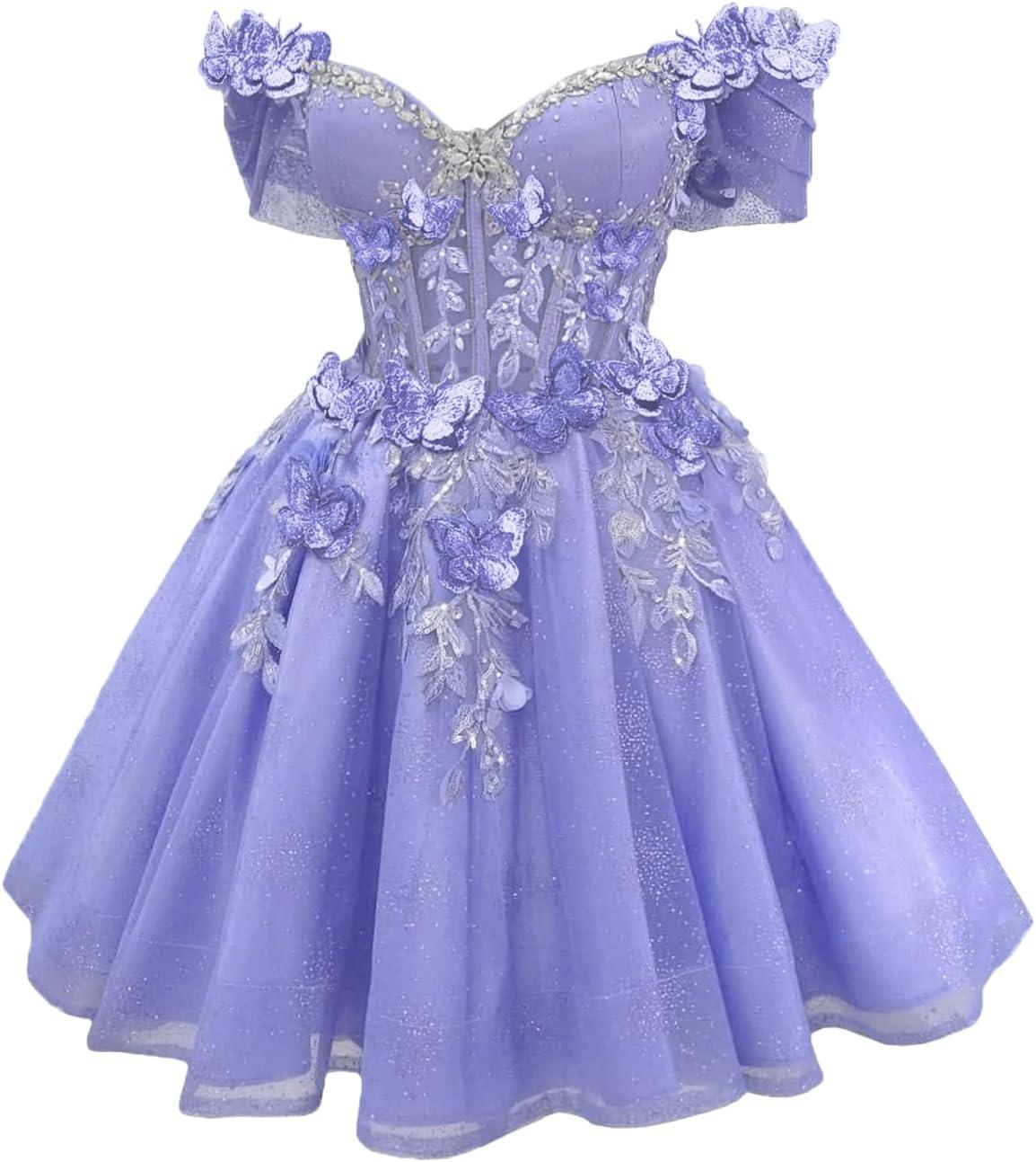 imageYoujiayi 3D Butterfly Short Homecoming Dresses Lace Sequin DAMA Dress for Quinceanera Off Shoulder Short Prom Gown for TeensPlum