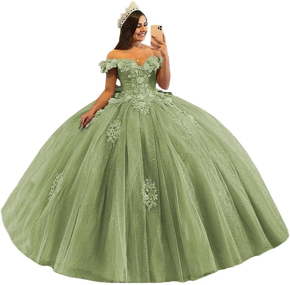 imageYoujiayi 3D Floral Quinceanera Dresses with Bow Off Shoulder Beaded Sweet 16 Dresses Puffy Lace Appliques Long Ball GownBlue