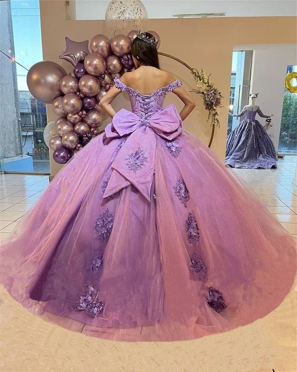 imageYoujiayi 3D Floral Quinceanera Dresses with Bow Off Shoulder Beaded Sweet 16 Dresses Puffy Lace Appliques Long Ball GownDark Lavender