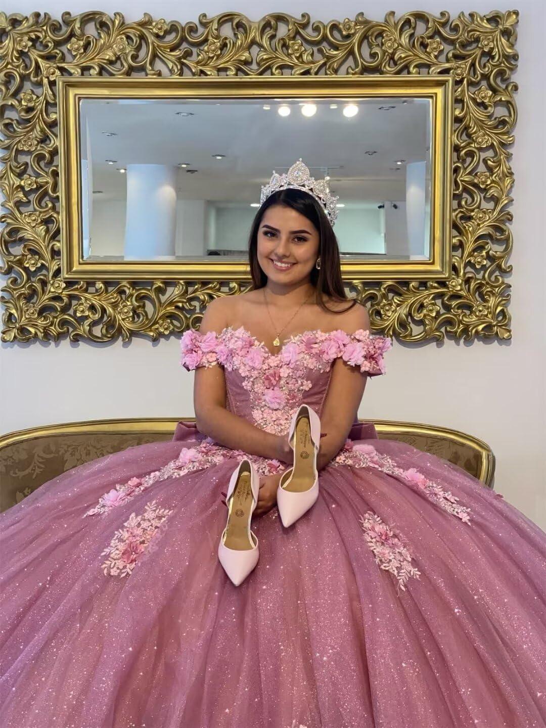 imageYoujiayi 3D Floral Quinceanera Dresses with Bow Off Shoulder Beaded Sweet 16 Dresses Puffy Lace Appliques Long Ball GownGrape