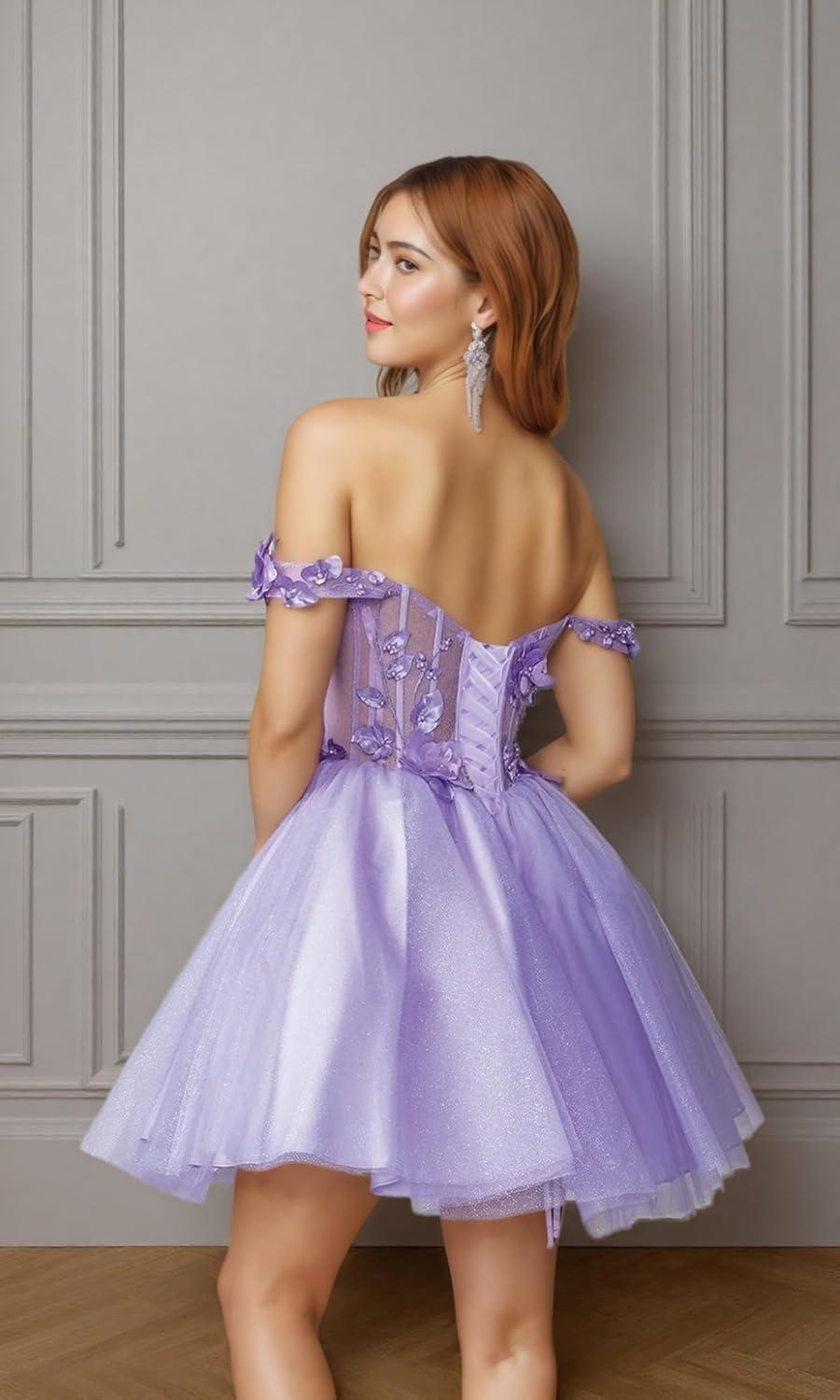 imageYoujiayi 3D Floral Short Homecoming Dresses for Teens Off Shoulder DAMA Dress for Quinceanera Puffy Beaded Short Prom GownFuchsia