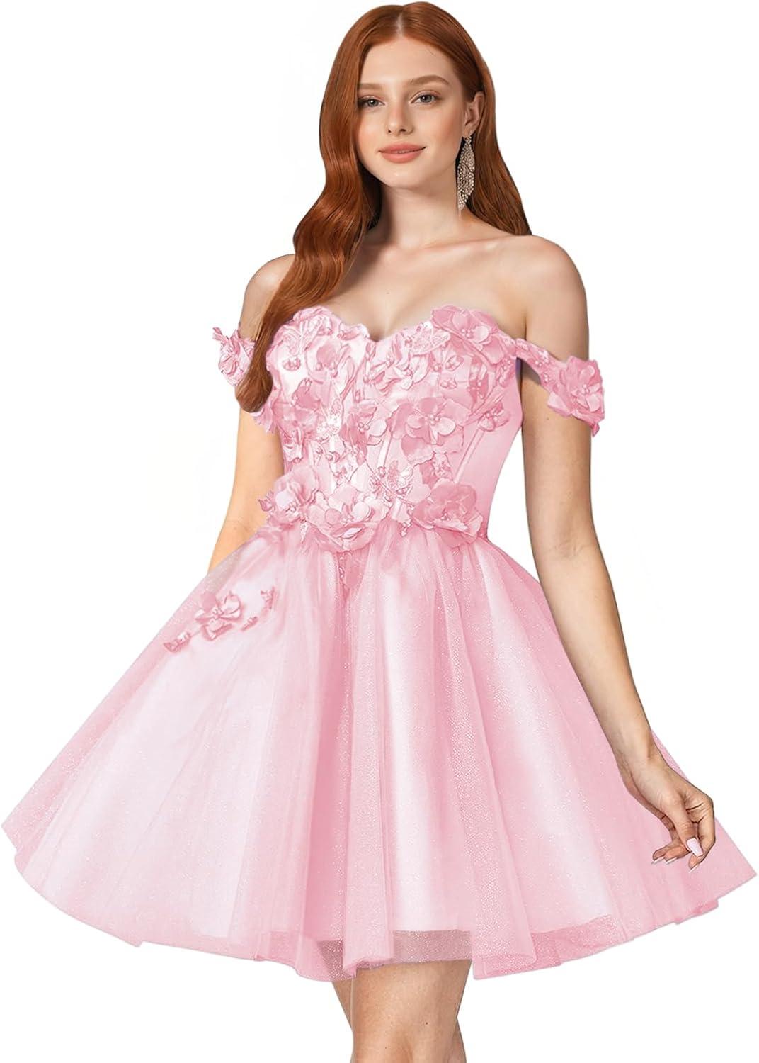 imageYoujiayi 3D Floral Short Homecoming Dresses for Teens Off Shoulder DAMA Dress for Quinceanera Puffy Beaded Short Prom GownFuchsia