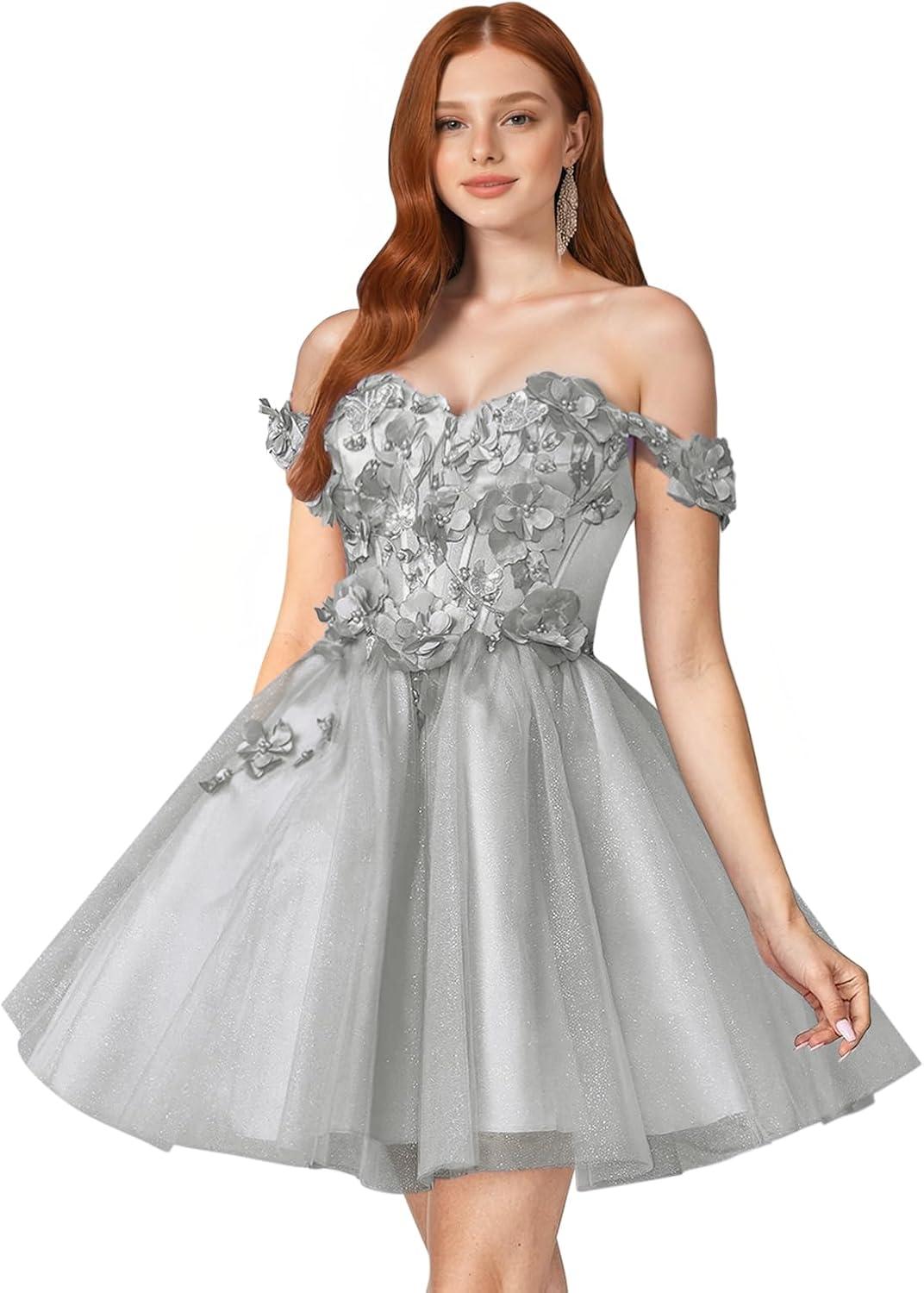 imageYoujiayi 3D Floral Short Homecoming Dresses for Teens Off Shoulder DAMA Dress for Quinceanera Puffy Beaded Short Prom GownFuchsia