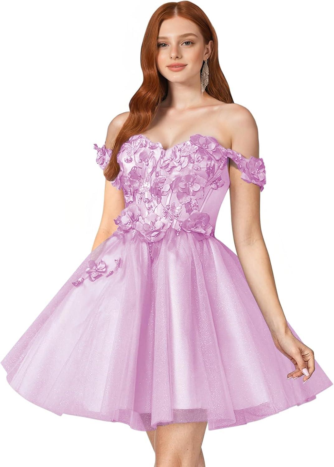 imageYoujiayi 3D Floral Short Homecoming Dresses for Teens Off Shoulder DAMA Dress for Quinceanera Puffy Beaded Short Prom GownLavender
