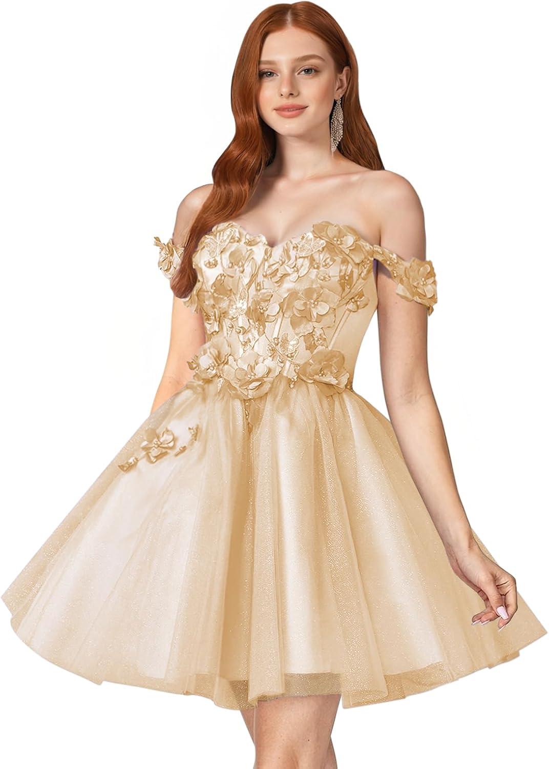 imageYoujiayi 3D Floral Short Homecoming Dresses for Teens Off Shoulder DAMA Dress for Quinceanera Puffy Beaded Short Prom GownRose Gold