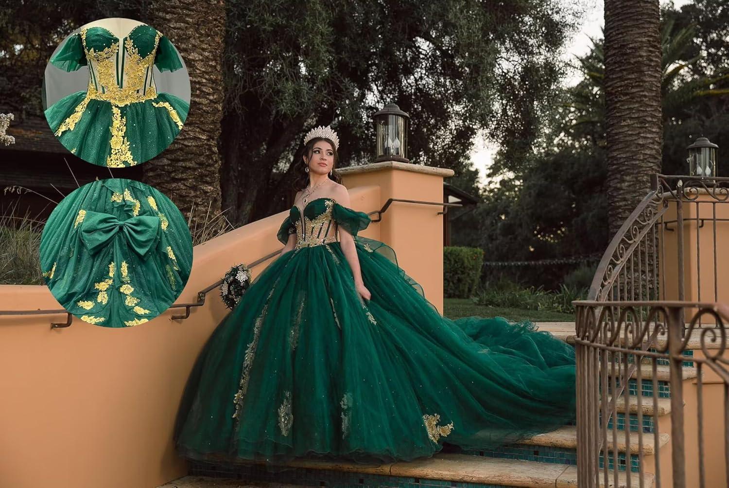 imageYoujiayi Gold Appliques Quinceanera Dresses with Bow Sparkly Beaded Sweet 16 Dresses for Women Off Shoulder Lace Ball GownYellow Dark