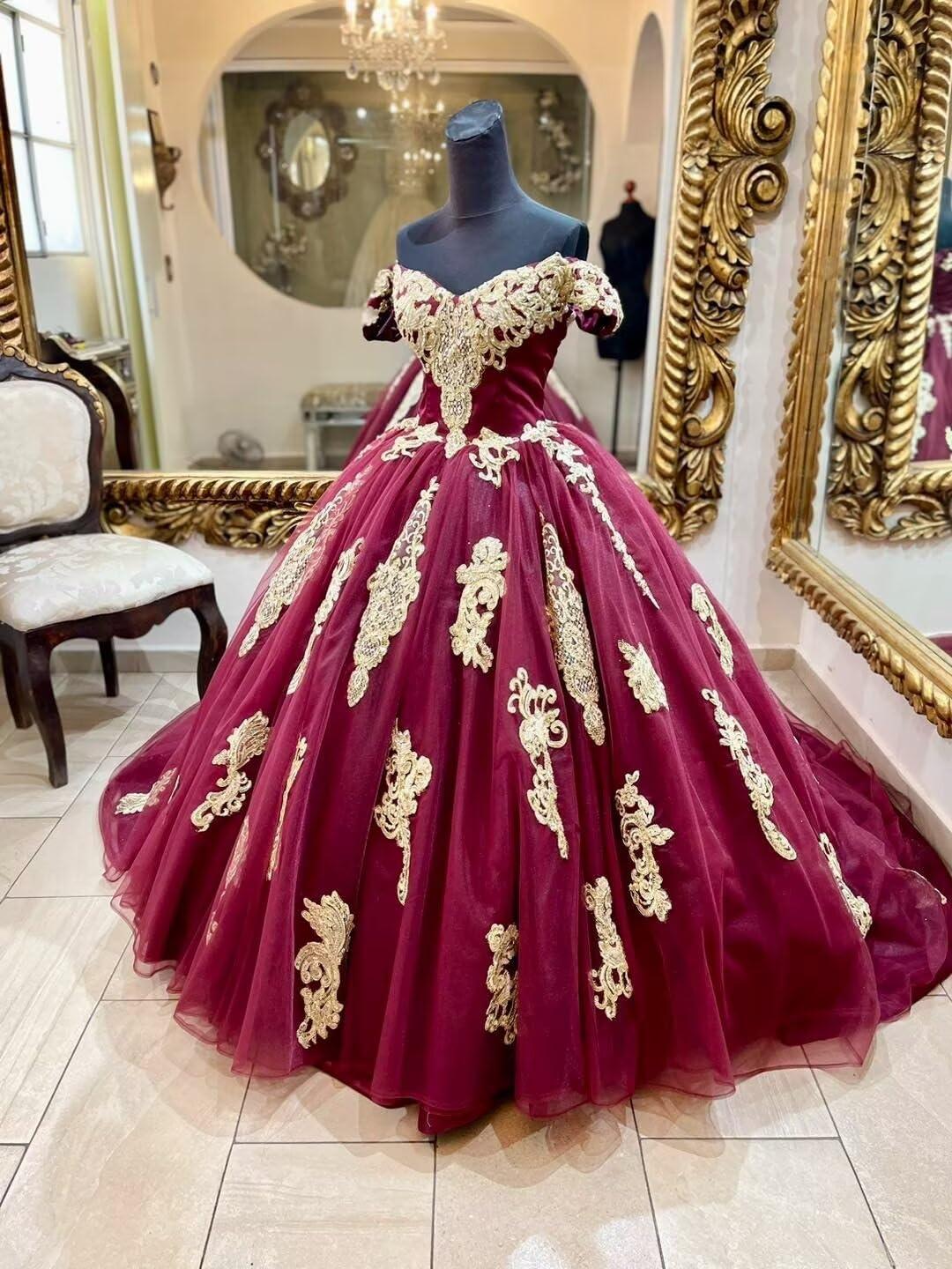 imageYoujiayi Gold Appliques Quinceanera Dresses with Train Puffy Lace Tulle Sweet 16 Dresses Sparkly Off Shoulder Long Ball GownBlush Pink