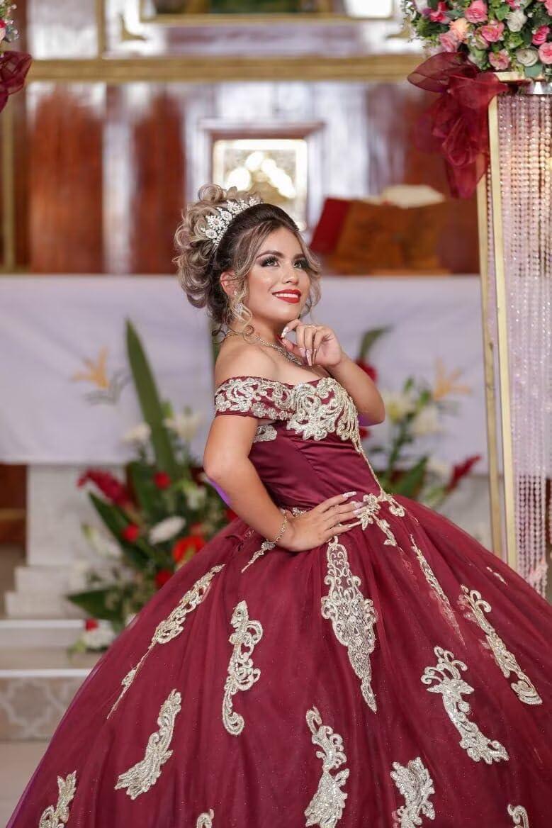 imageYoujiayi Gold Appliques Quinceanera Dresses with Train Puffy Lace Tulle Sweet 16 Dresses Sparkly Off Shoulder Long Ball GownBurgundy