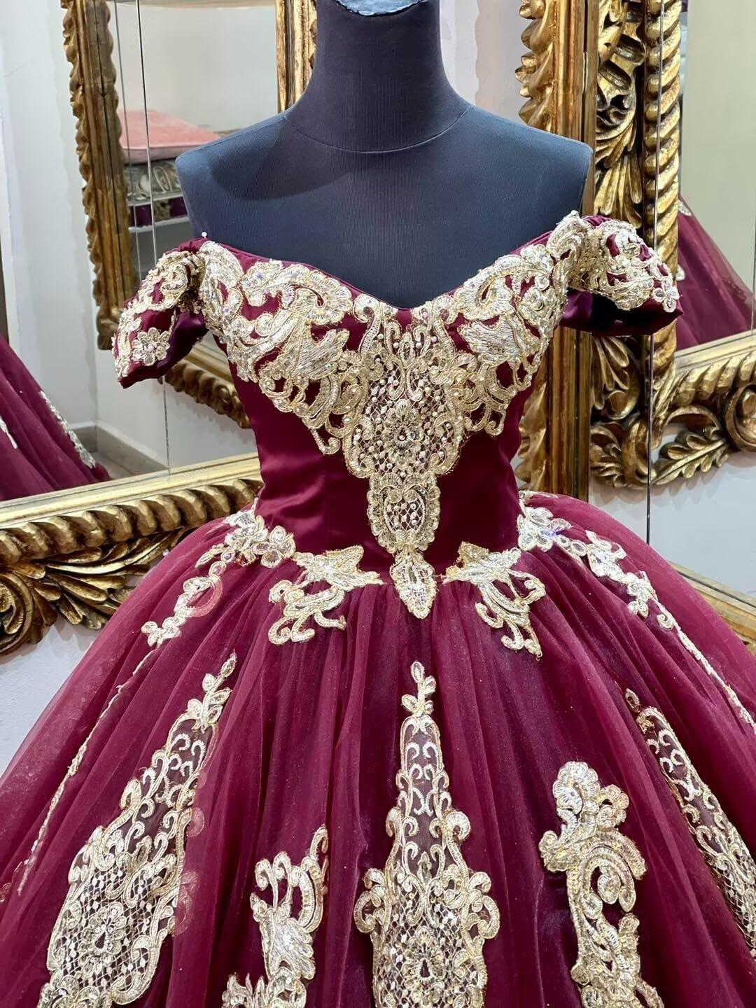imageYoujiayi Gold Appliques Quinceanera Dresses with Train Puffy Lace Tulle Sweet 16 Dresses Sparkly Off Shoulder Long Ball GownYellow Dark