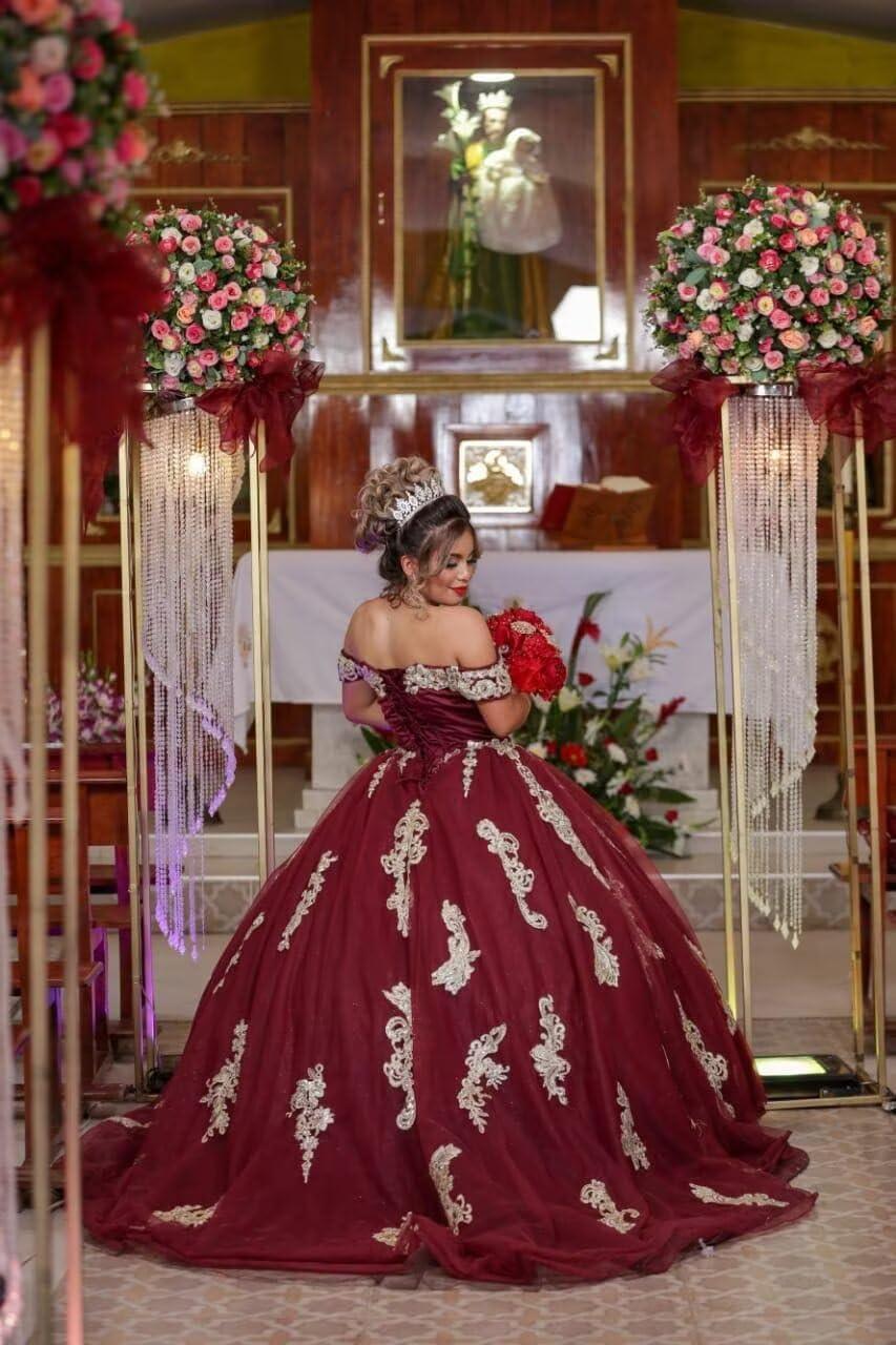 imageYoujiayi Gold Appliques Quinceanera Dresses with Train Puffy Lace Tulle Sweet 16 Dresses Sparkly Off Shoulder Long Ball GownYellow Dark