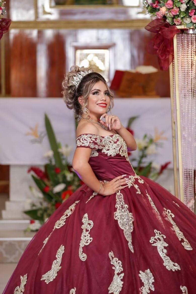 imageYoujiayi Gold Appliques Quinceanera Dresses with Train Puffy Lace Tulle Sweet 16 Dresses Sparkly Off Shoulder Long Ball GownYellow Dark