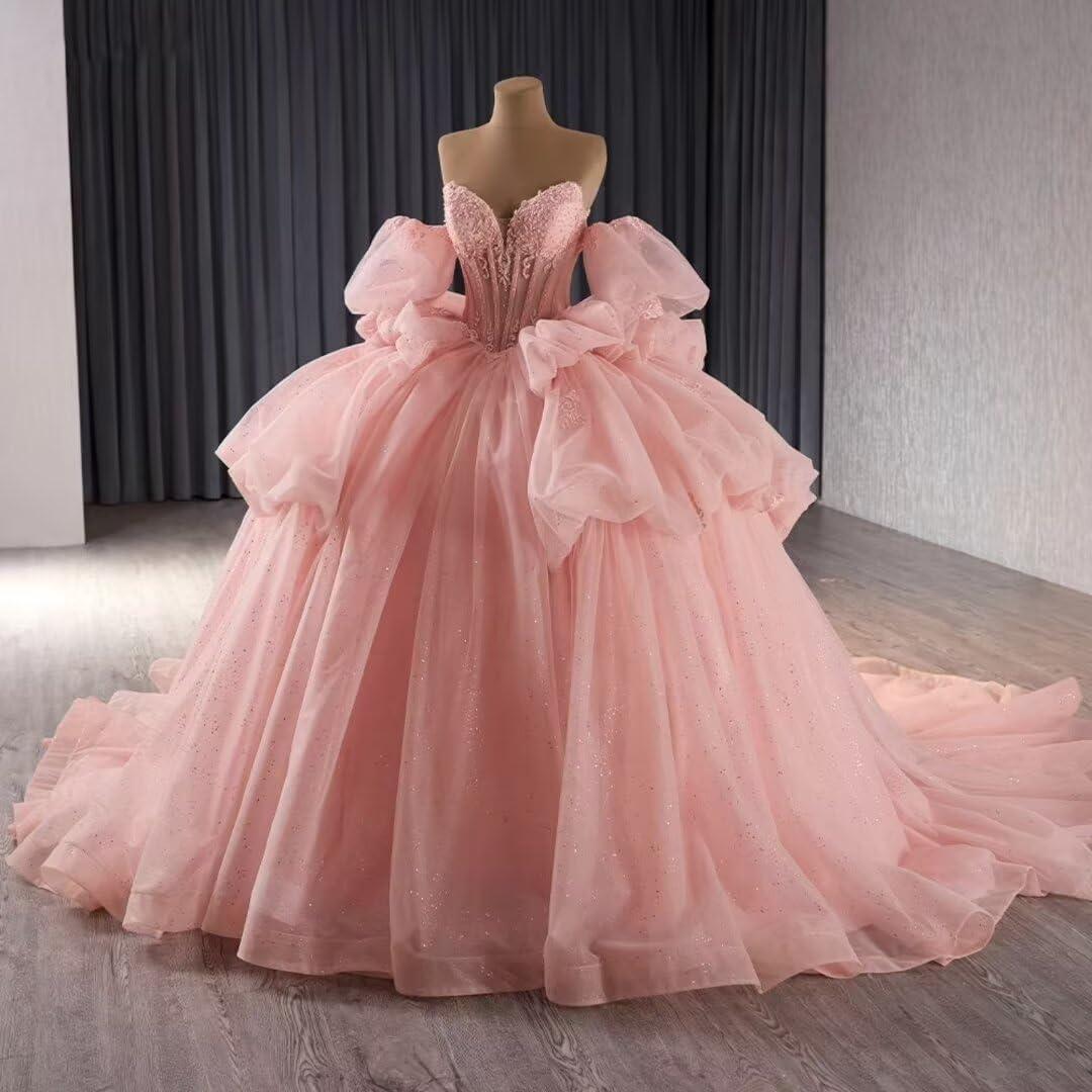 imageYoujiayi Lace Beaded Quinceanera Dresses with Sleeves Ruffle Tulle Sweet 16 Dress with Bow Layered Long Ball Gown for WomenFuchsia