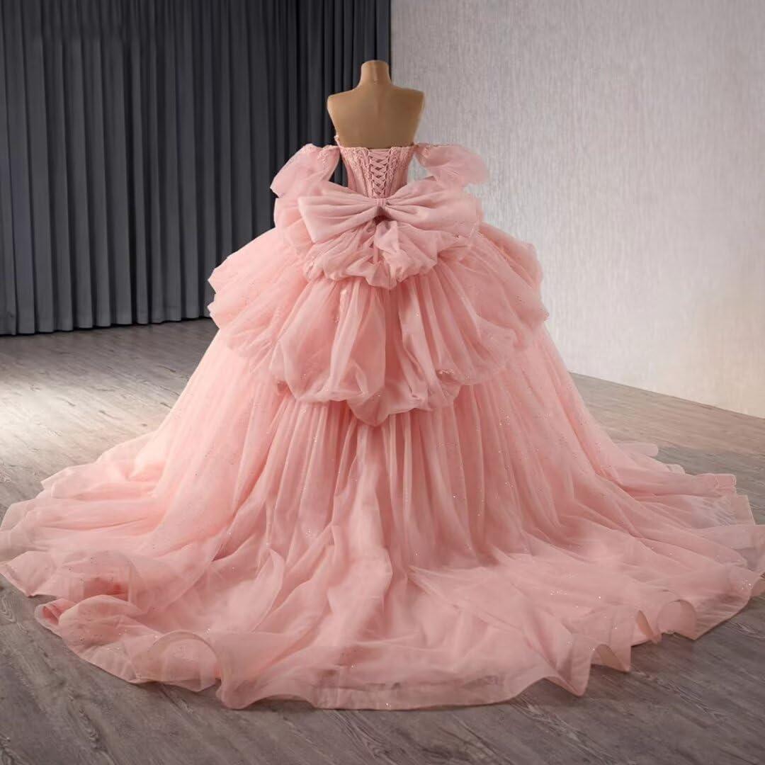 imageYoujiayi Lace Beaded Quinceanera Dresses with Sleeves Ruffle Tulle Sweet 16 Dress with Bow Layered Long Ball Gown for WomenFuchsia