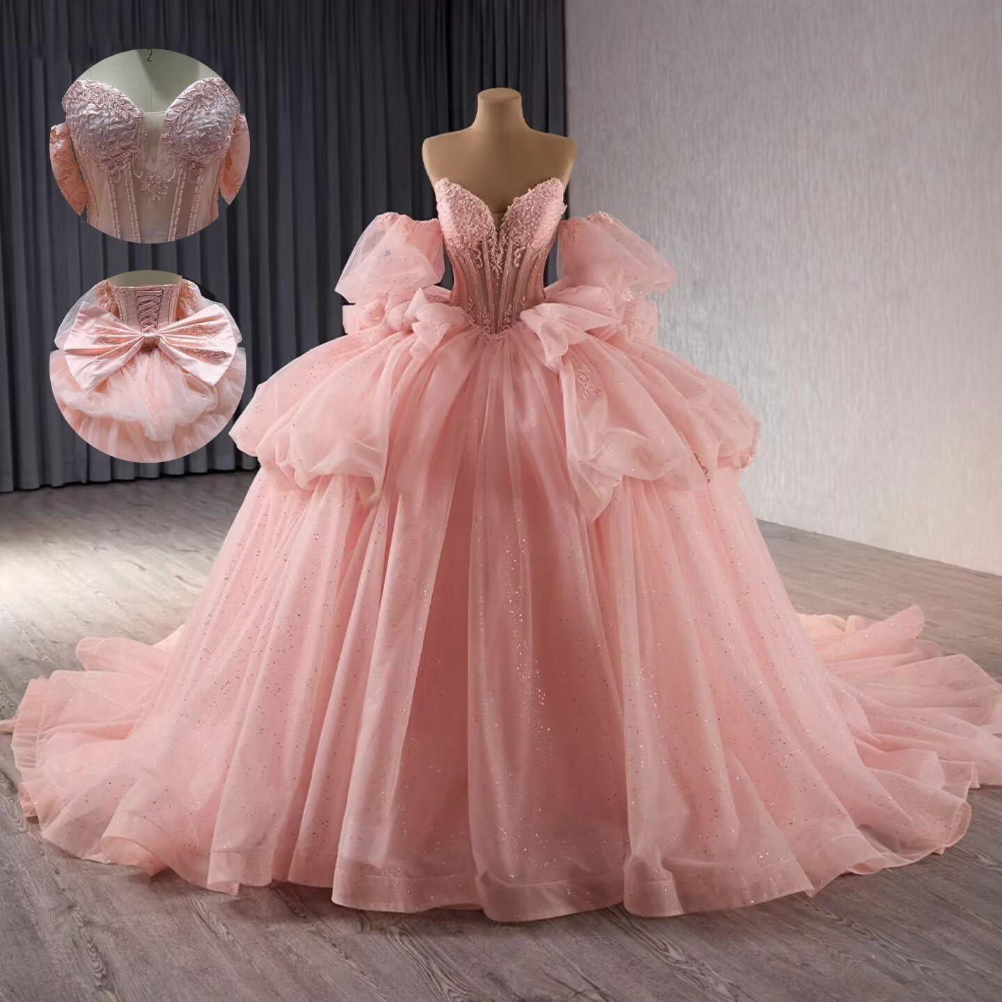 imageYoujiayi Lace Beaded Quinceanera Dresses with Sleeves Ruffle Tulle Sweet 16 Dress with Bow Layered Long Ball Gown for WomenFuchsia