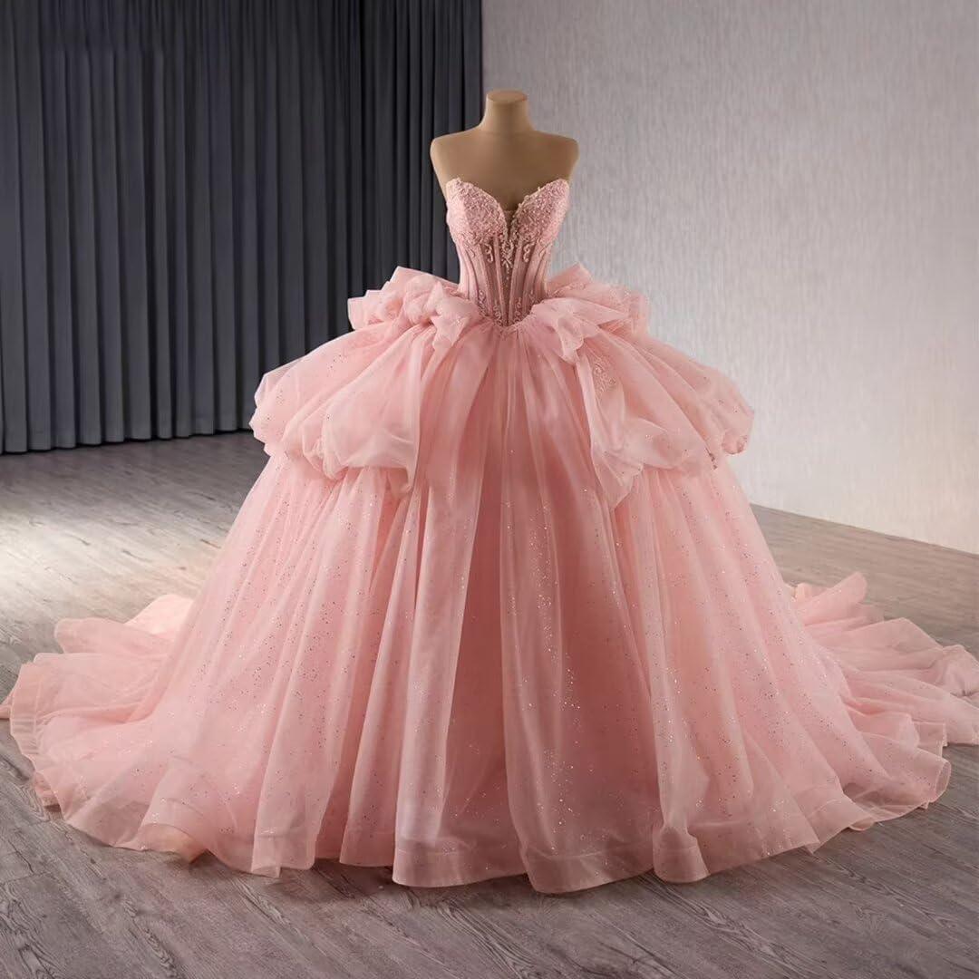 imageYoujiayi Lace Beaded Quinceanera Dresses with Sleeves Ruffle Tulle Sweet 16 Dress with Bow Layered Long Ball Gown for WomenFuchsia