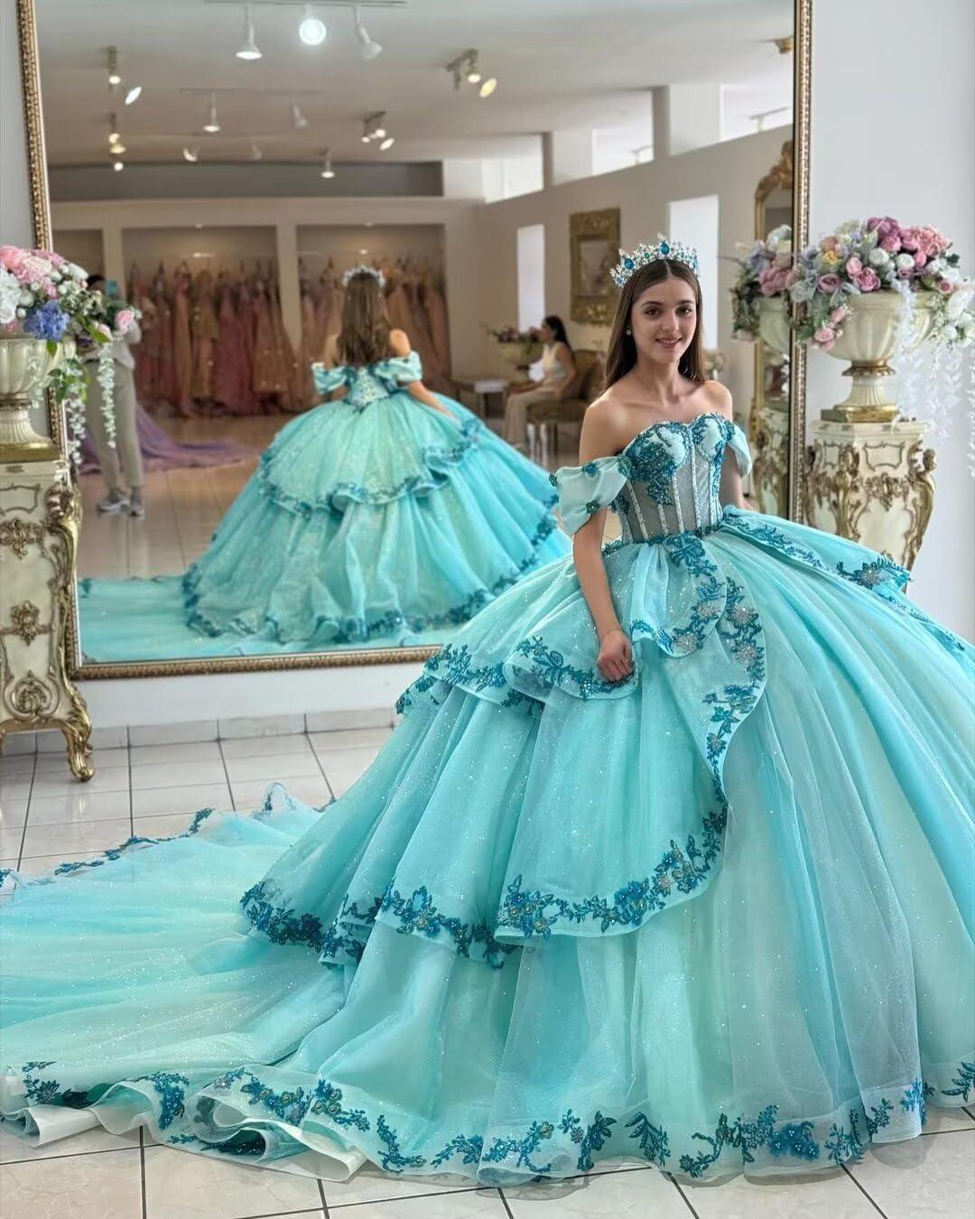 imageYoujiayi Layered Tulle Quinceanera Dresses with Train Lace Appliques Sweet 16 Dresses Sparkly Beaded Sequin Long Ball GownRoyal Blue
