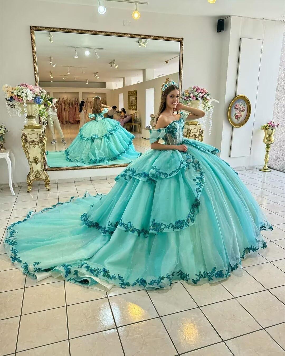 imageYoujiayi Layered Tulle Quinceanera Dresses with Train Lace Appliques Sweet 16 Dresses Sparkly Beaded Sequin Long Ball GownRoyal Blue