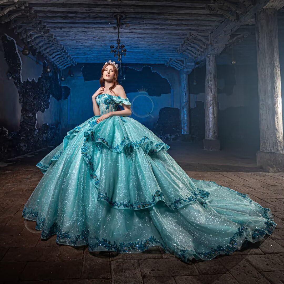 imageYoujiayi Layered Tulle Quinceanera Dresses with Train Lace Appliques Sweet 16 Dresses Sparkly Beaded Sequin Long Ball GownRoyal Blue