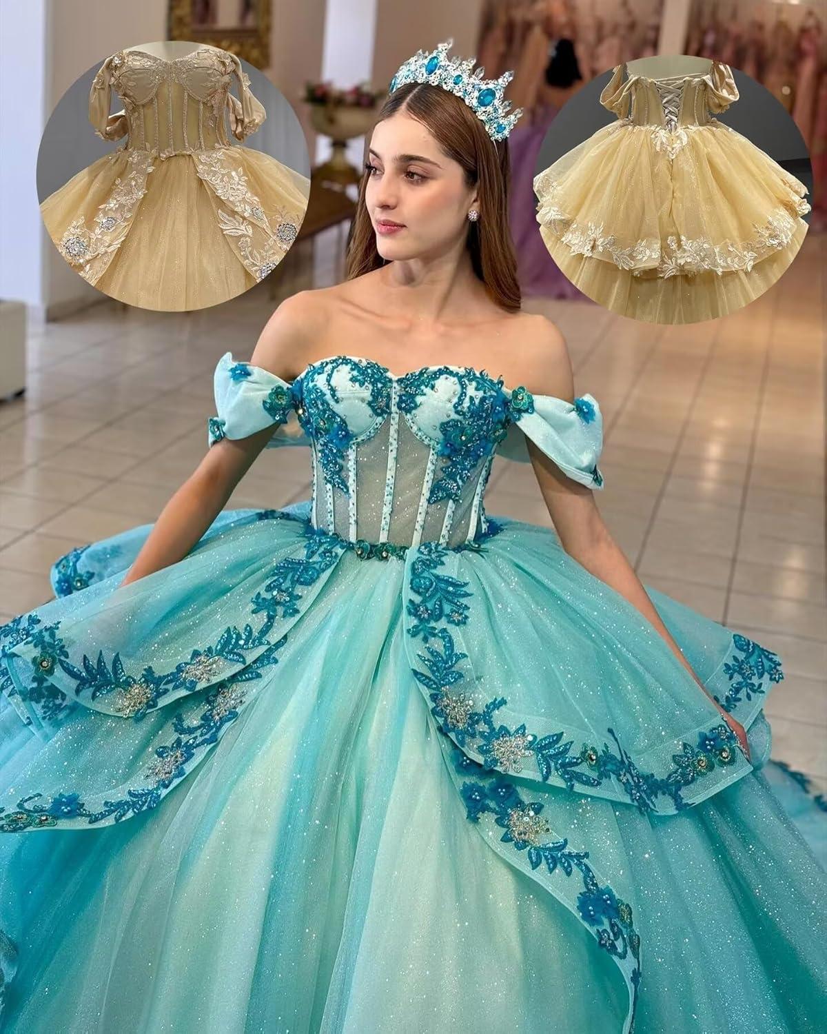 imageYoujiayi Layered Tulle Quinceanera Dresses with Train Lace Appliques Sweet 16 Dresses Sparkly Beaded Sequin Long Ball GownRoyal Blue