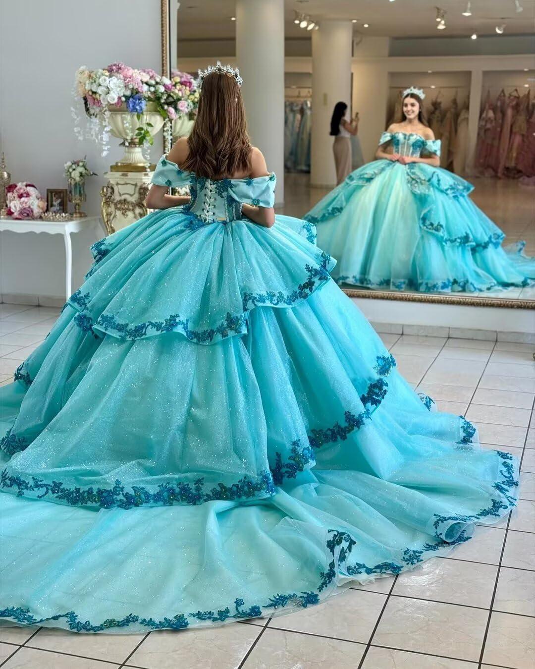 imageYoujiayi Layered Tulle Quinceanera Dresses with Train Lace Appliques Sweet 16 Dresses Sparkly Beaded Sequin Long Ball GownRoyal Blue