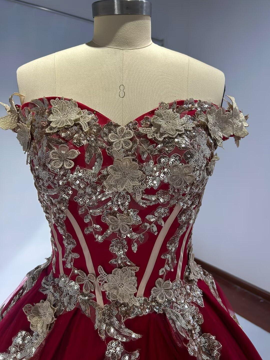 imageYoujiayi Off Shoulder Quinceanera Dresses Puffy Tulle Ball Gowns for Women Gold Appliques Sweet 16 DressesBurgundy Deep