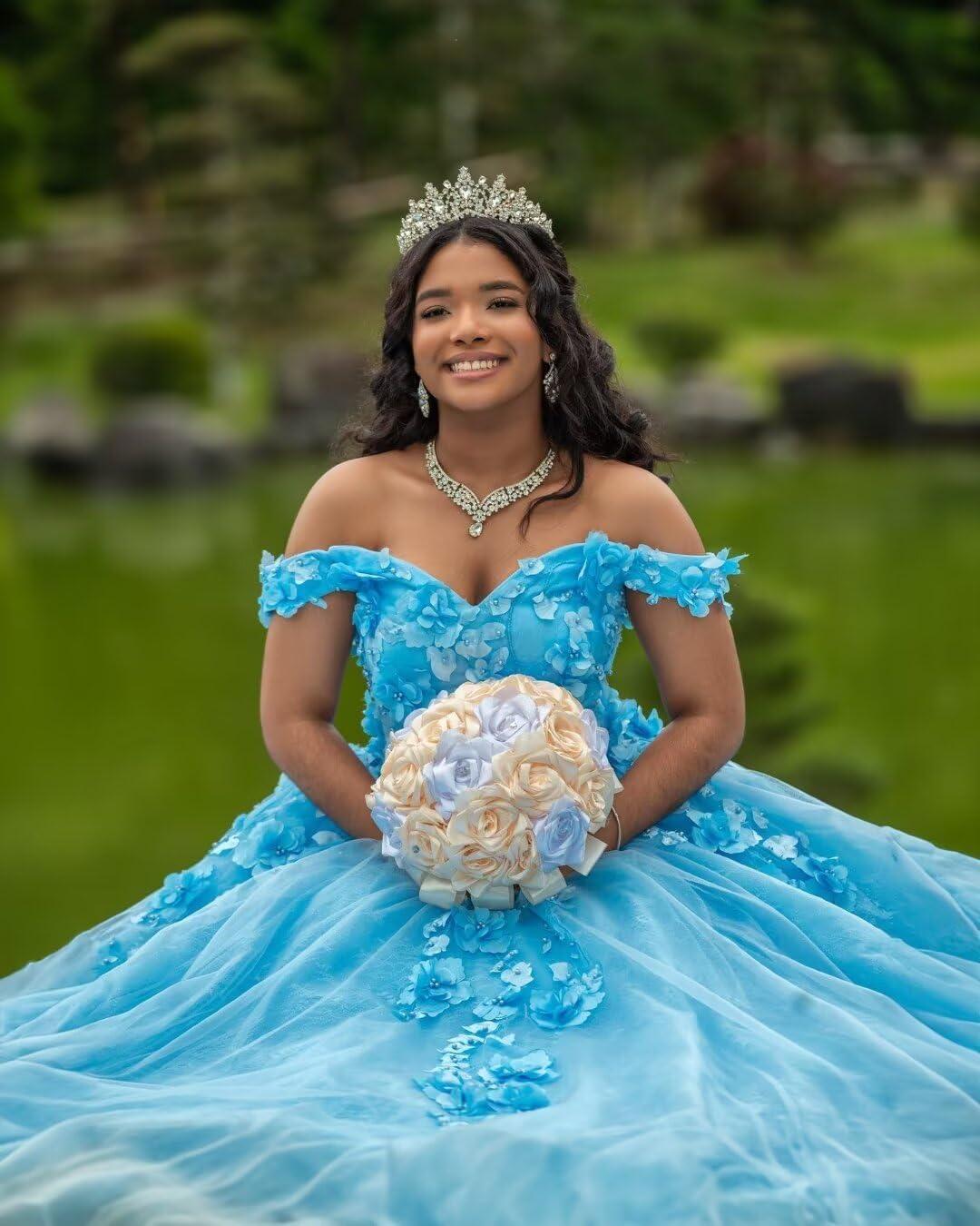 imageYoujiayi Princess Off Shoulder Quinceanera Dresses Puffy Tulle Sweet 16 Dress with Train Lace Beaded Long Ball Gown for WomenTeal