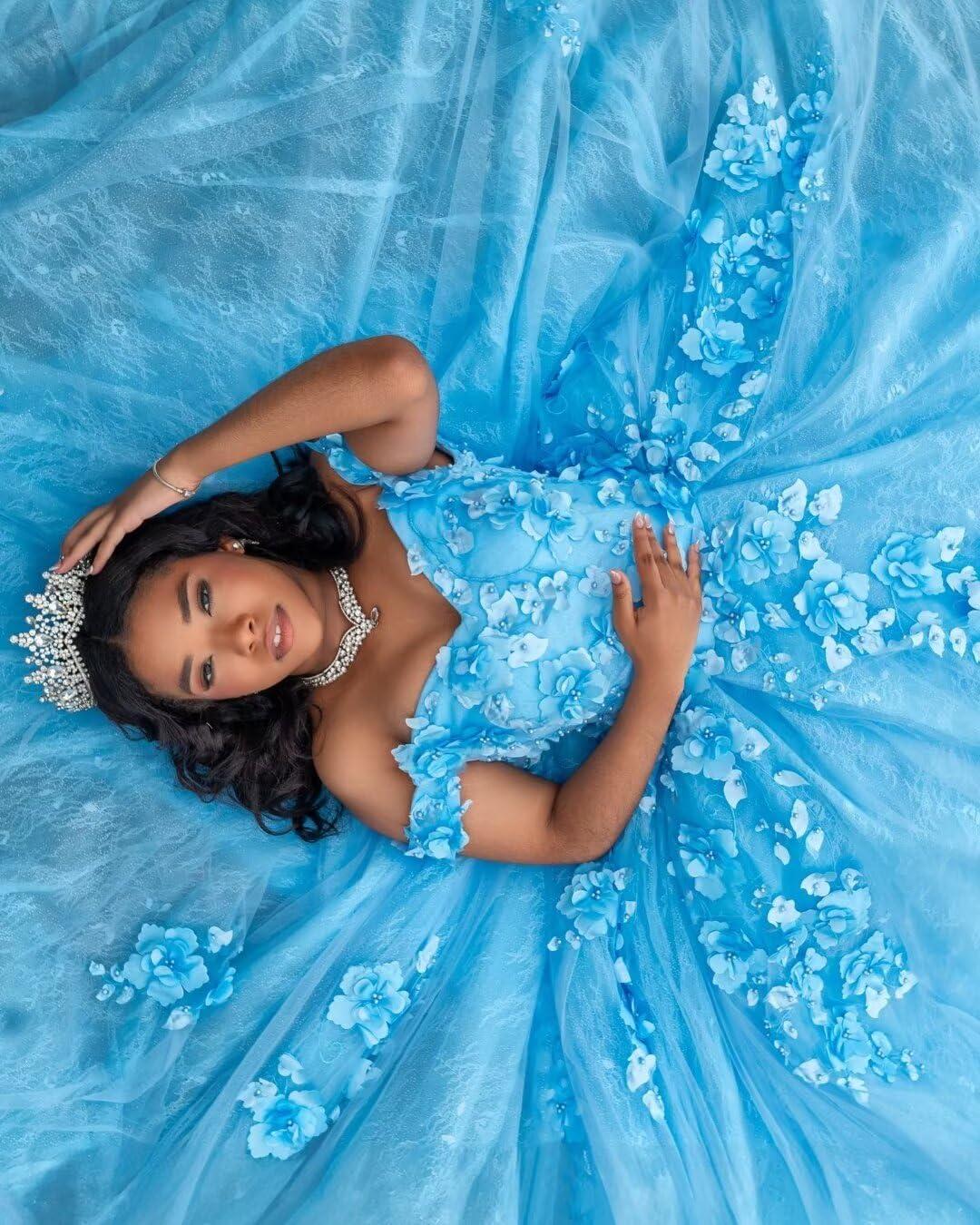 imageYoujiayi Princess Off Shoulder Quinceanera Dresses Puffy Tulle Sweet 16 Dress with Train Lace Beaded Long Ball Gown for WomenTurquoise