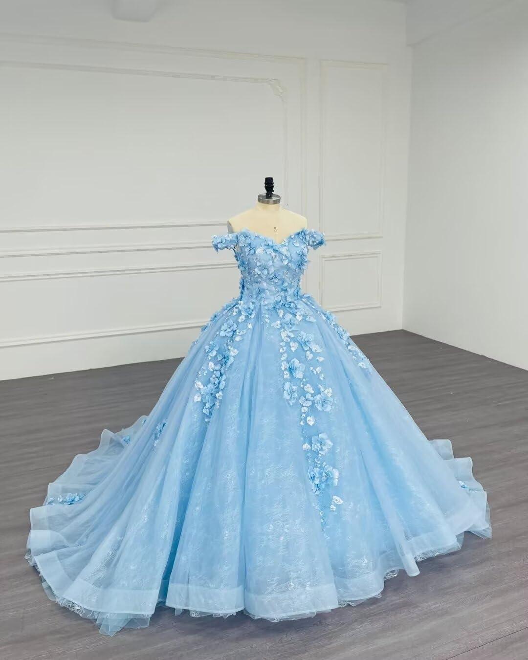 imageYoujiayi Princess Off Shoulder Quinceanera Dresses Puffy Tulle Sweet 16 Dress with Train Lace Beaded Long Ball Gown for WomenTurquoise