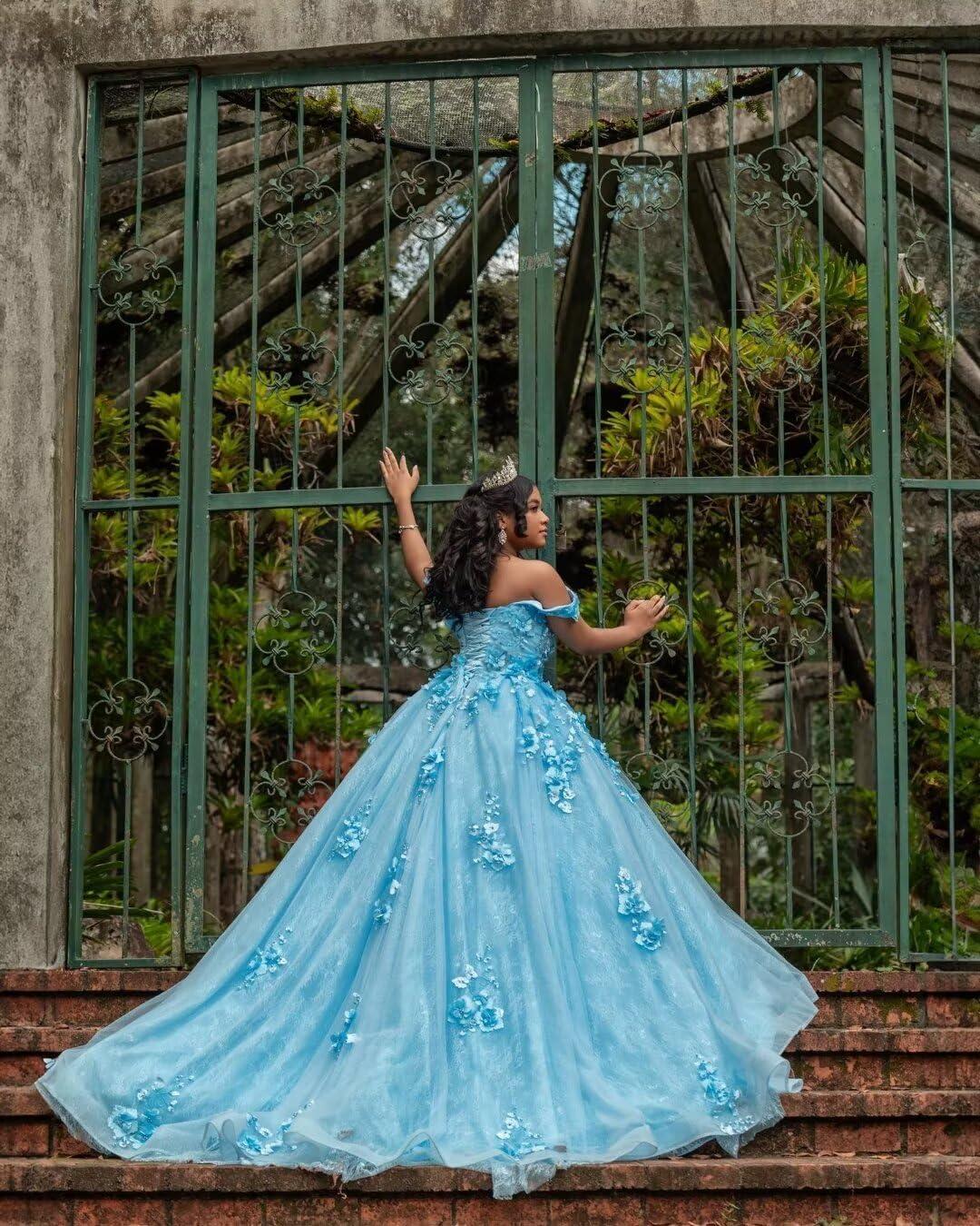 imageYoujiayi Princess Off Shoulder Quinceanera Dresses Puffy Tulle Sweet 16 Dress with Train Lace Beaded Long Ball Gown for WomenTurquoise