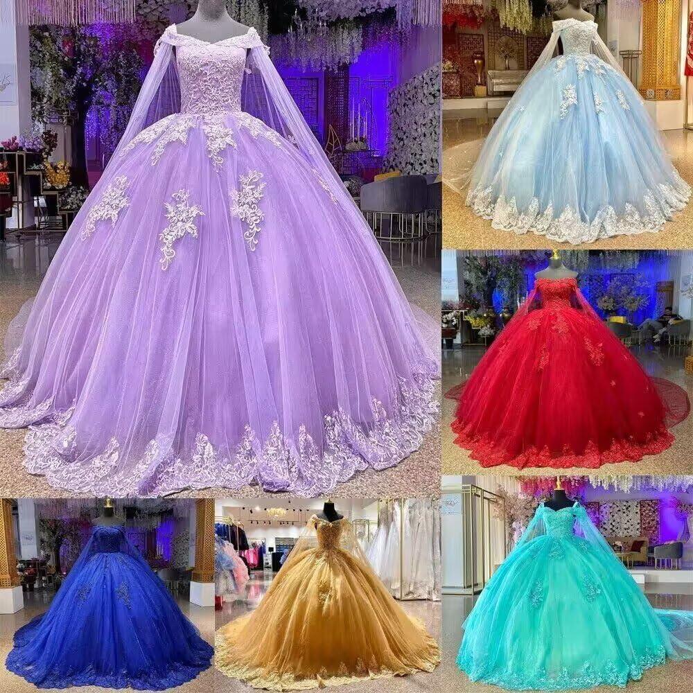 imageYoujiayi Princess Off Shoulder Quinceanera Dresses with Cape Puffy Tulle Sweet 16 Dress Lace Beaded Ball Gown with TrainSky Blue