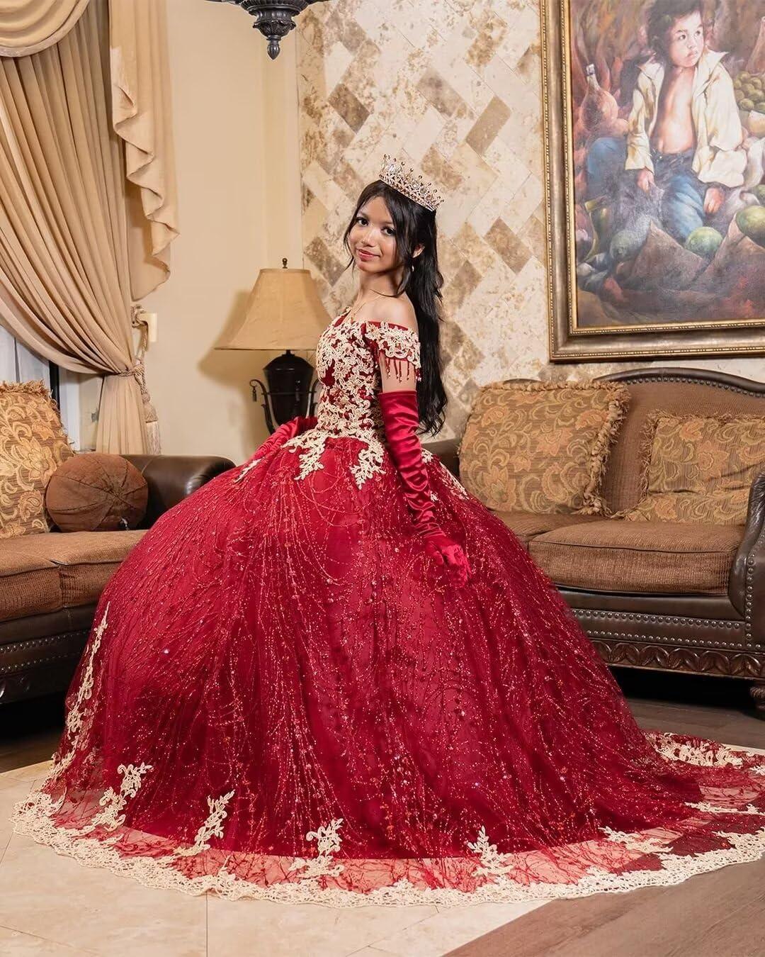 imageYoujiayi Sparkly Gold Appliques Quinceanera Dresses Puffy Tulle Sequin Ball Gown Off Shoulder Lace Beaded Sweet 16 DressesBerry