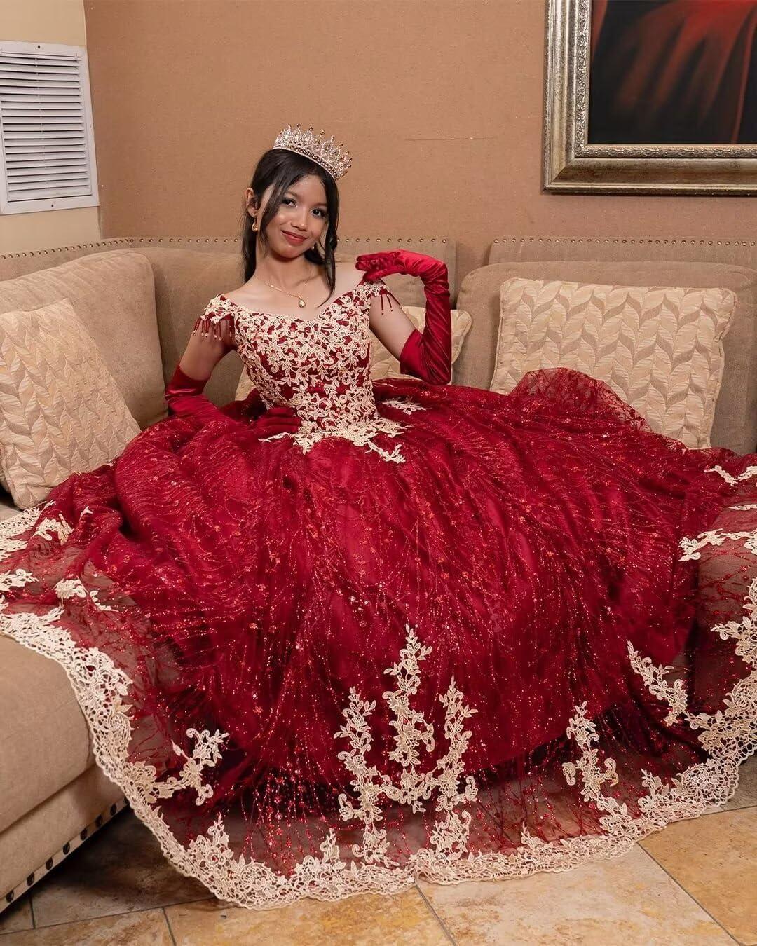 imageYoujiayi Sparkly Gold Appliques Quinceanera Dresses Puffy Tulle Sequin Ball Gown Off Shoulder Lace Beaded Sweet 16 DressesBerry