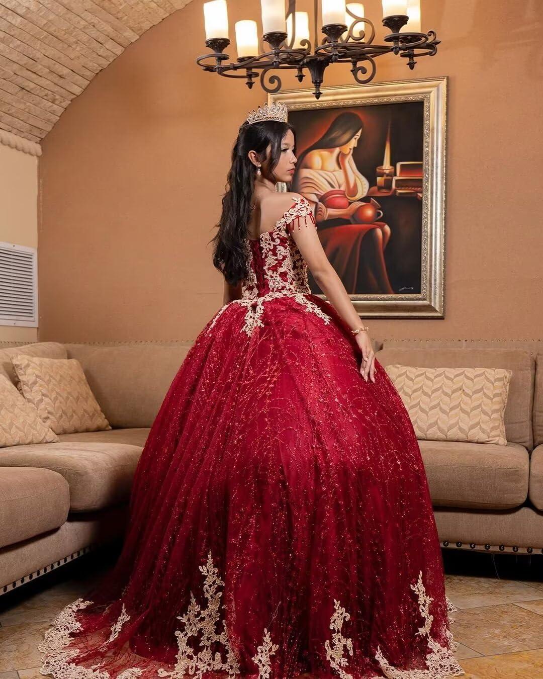 imageYoujiayi Sparkly Gold Appliques Quinceanera Dresses Puffy Tulle Sequin Ball Gown Off Shoulder Lace Beaded Sweet 16 DressesBerry