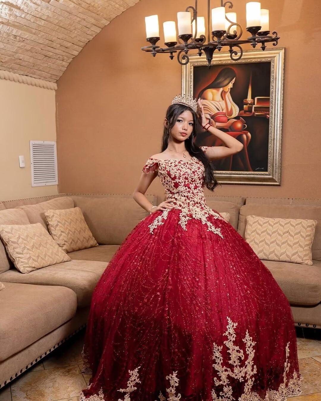 imageYoujiayi Sparkly Gold Appliques Quinceanera Dresses Puffy Tulle Sequin Ball Gown Off Shoulder Lace Beaded Sweet 16 DressesLavender Deep