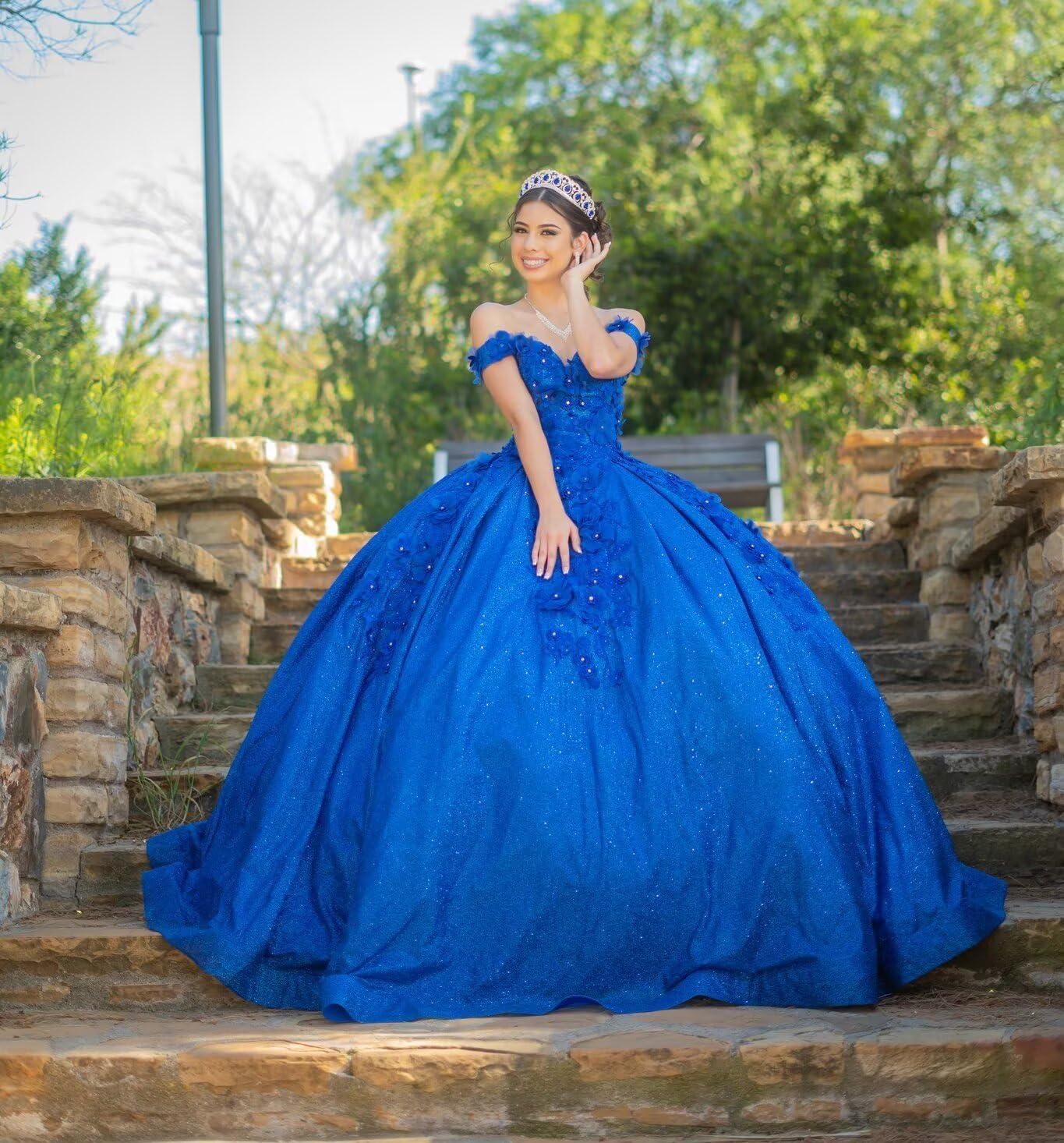 imageYoujiayi Womens 3D Floral Quinceanera Dresses Long Puffy Tulle Ball Gowns Off Shoulder Prom Dress YJY69Dusty Blue