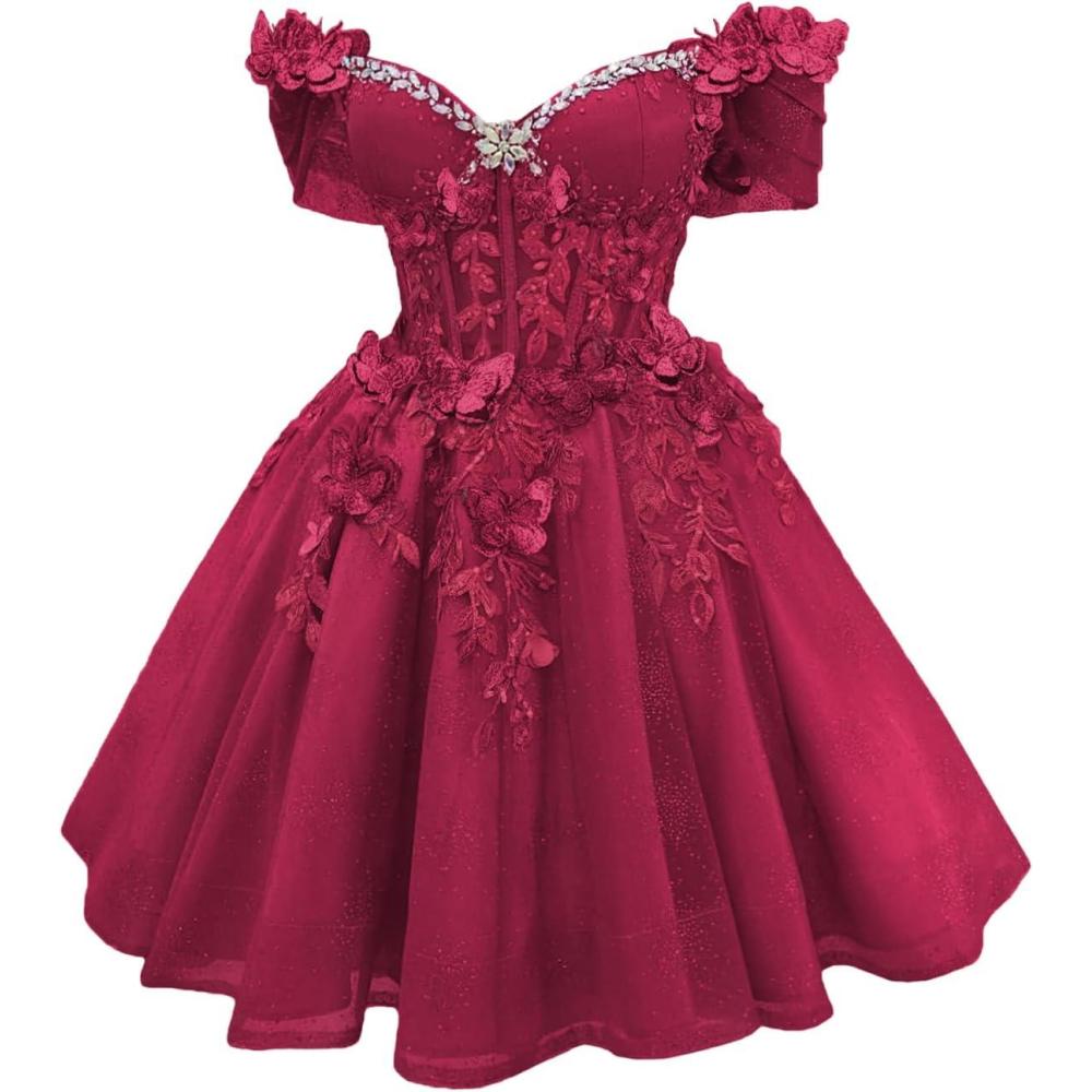 imageYoujiayi 3D Butterfly Short Homecoming Dresses Lace Sequin DAMA Dress for Quinceanera Off Shoulder Short Prom Gown for TeensBerry