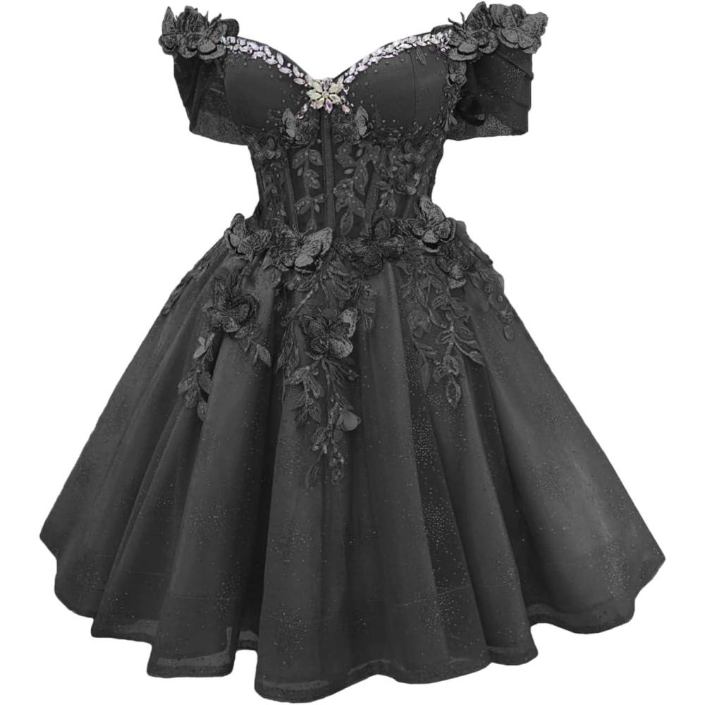 imageYoujiayi 3D Butterfly Short Homecoming Dresses Lace Sequin DAMA Dress for Quinceanera Off Shoulder Short Prom Gown for TeensBlack