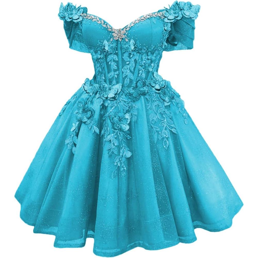 imageYoujiayi 3D Butterfly Short Homecoming Dresses Lace Sequin DAMA Dress for Quinceanera Off Shoulder Short Prom Gown for TeensBlue